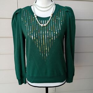 Tru Self Green & Gold Sequin Cotton Long Sleeve Top